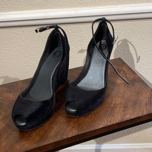 Black velvet open toed wedges with gray stripe on heal by Melissa